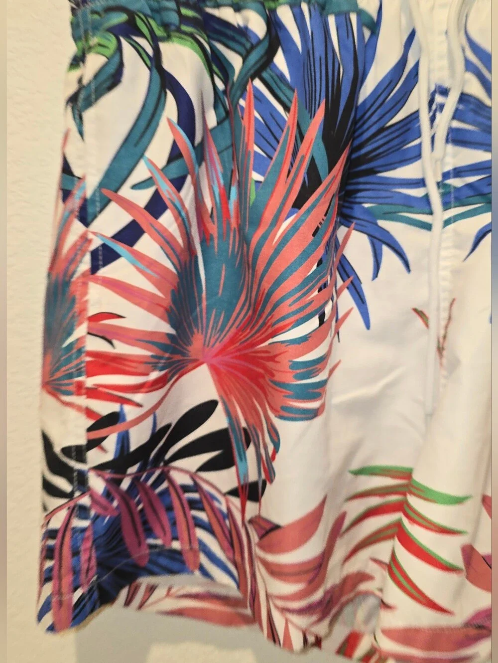 Tropical Print Swim Shorts - White Base with Multicolor Palms 2XL